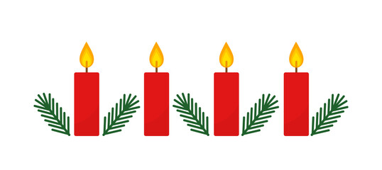 Red advent Christmas candles and fir branches.