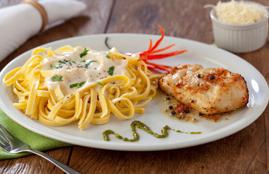 Talharim, massa italiana, com molho branco, molho pesto e peito de frango grelhado em fundo de mesa r&uacute;stica.