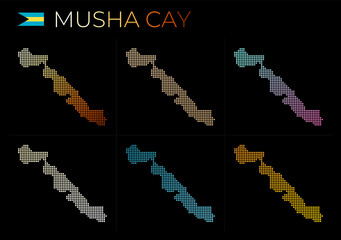Fototapeta premium Musha Cay dotted map set. Map of Musha Cay in dotted style. Borders of the island filled with beautiful smooth gradient circles. Radiant vector illustration.