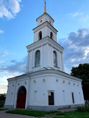 Bell tower of the Holy Dormition Cathedral of the Orthodox Church of Ukraine in the historic center of Poltava, Ukraine. Popular Ukrainian landmark