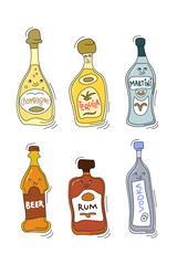 Champagne tequila martini beer rum vodka with smile on white background. Cartoon sketch graphic design. Doodle style with black contour line. Cute hand drawn bottle. Party drinks. Freehand