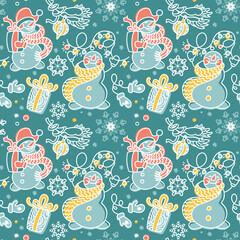 Naklejka premium Funny snowman, gifts, christmas tree, snowflakes. Celebration, christmas ornament, vector. Christmas pattern for fabric, wrapping, textile, wallpaper, apparel. 