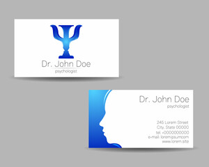 Psychology Vector Business Visit Card with Letter Psi Psy Modern logo Creative style. Human Head Profile Silhouette Design concept. Brand company Set