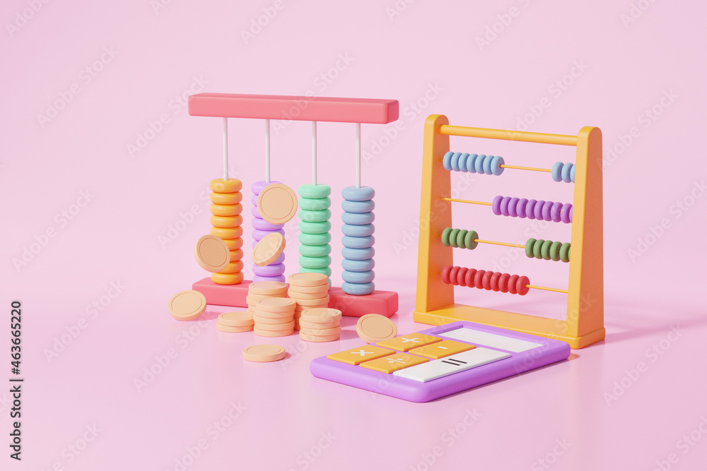 Poster finance education concept. colorful abacus with coins and calculator isometric on pink background, a