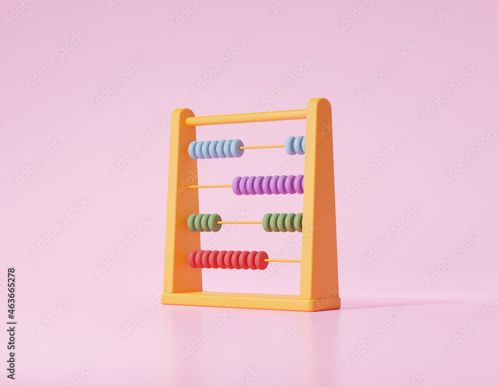 Poster 3d render cartoon minimal style colorful abacus on pink pastel background, arithmetic game learn cou