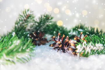 Fototapeta na wymiar Christmas cards with snow and decor. Selective focus.