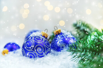 Christmas cards with snow and decor. Selective focus.