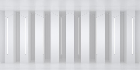 Empty light futuristic interior stage, product display room. Abstract white background illuminated scene with long vertical neon lights. 3d render.