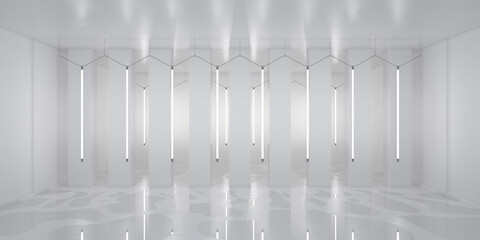 Empty light futuristic interior stage, product display room. Abstract grey background illuminated scene with long vertical neon lights and wet floor. 3d render. © Sign Maker