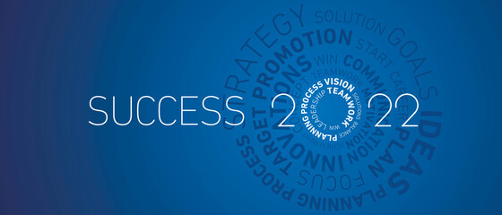 Success 2022 New Year modern abstract circle wheel word cloud text white shining bold light typography blue background banner