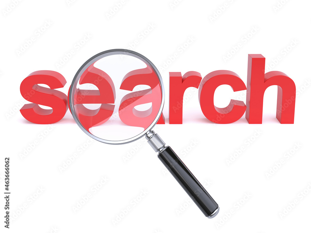 Aufkleber magnifier over search letters on white background 3d rendering