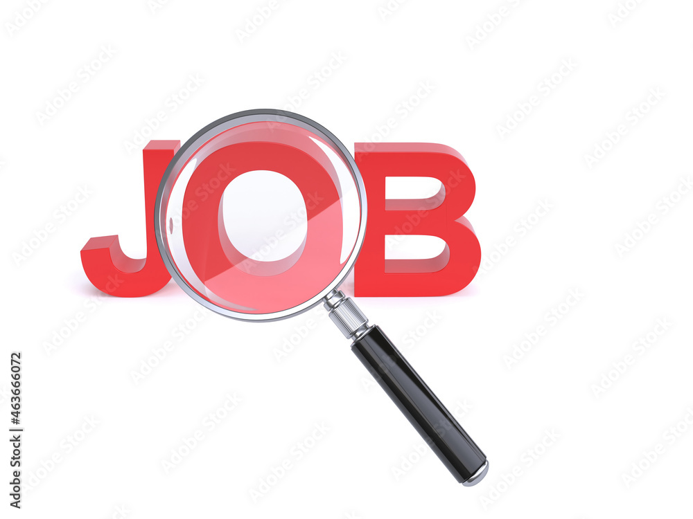 Poster magnifier over job letters on white background 3d rendering