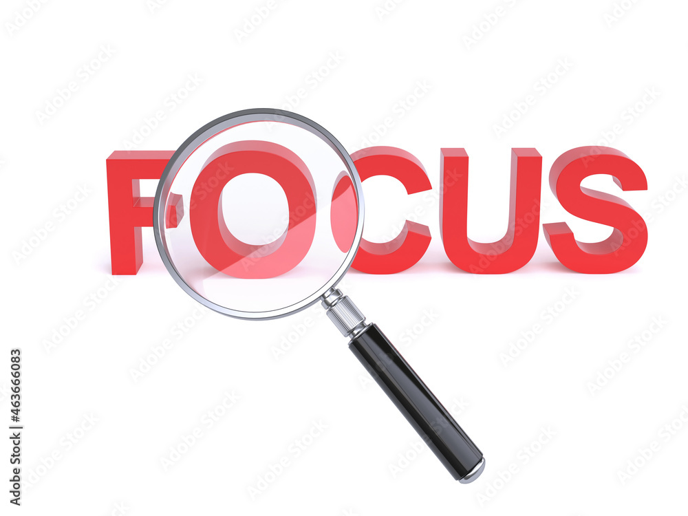 Poster magnifier over focus letters on white background 3d rendering