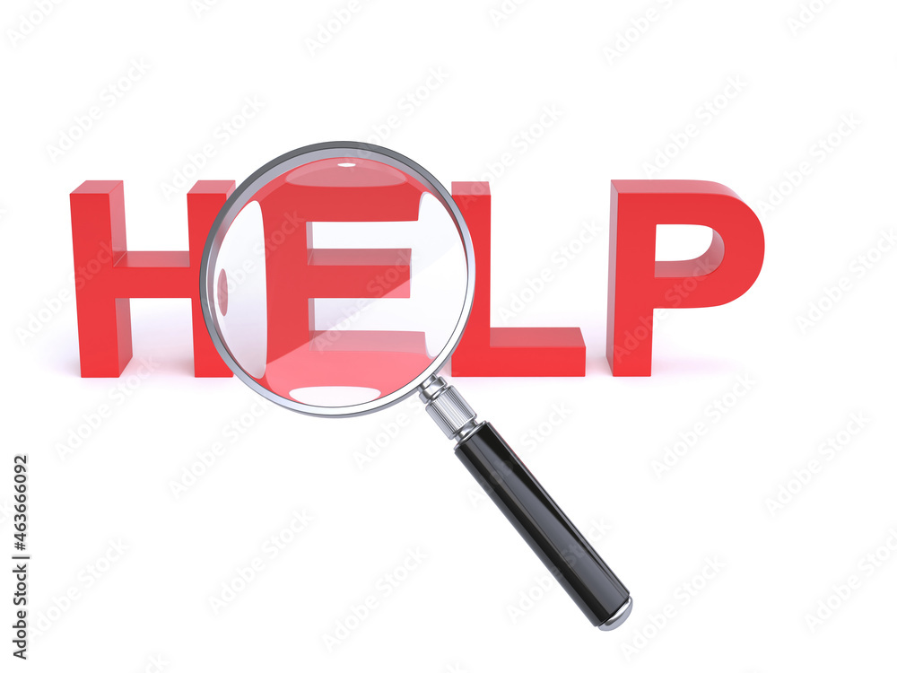 Aufkleber magnifier over help letters on white background 3d rendering