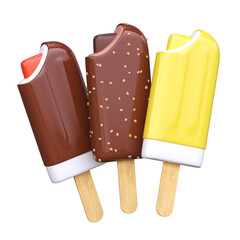 Ice creams on a stick isolated on white background 3d rendering