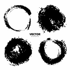 Vector Set of brush Circle Round Black color on white background. Hand painted grange elements. Ink drawing. Dirty artistic design . Place for text, quote, information, company name.