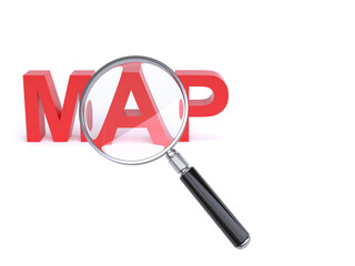 Magnifier over map letters on white background 3d rendering