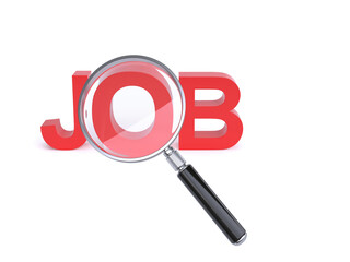 Magnifier over Job letters on white background 3d rendering