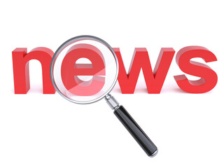Magnifier over News letters on white background 3d rendering