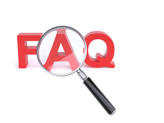 Magnifier over FAQ letters on white background 3d rendering