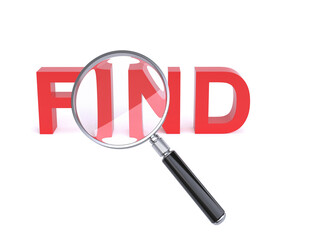Magnifier over Find letters on white background 3d rendering