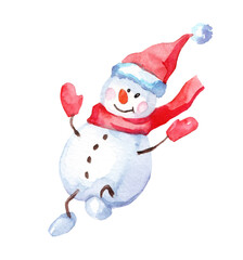 Watercolor merry christmas set of character snowmans illustration. Winter holidays cartoon isolated cute funny snowman design card. Snow holiday season xmas