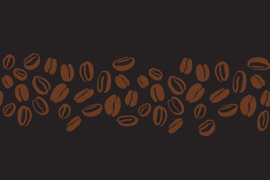 Coffee beans seamless pattern. Vector hand drawn illustration in brown colors on dark background. Pattern for package, wallpaper, wrapping paper, menu or textile design.
