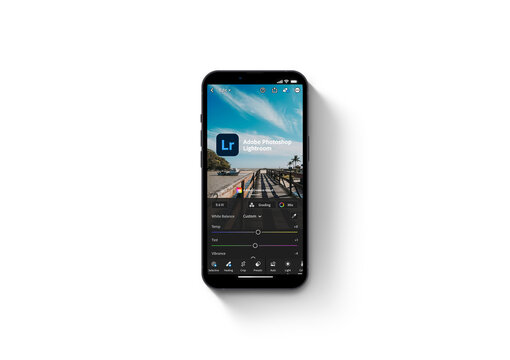 Adobe Photoshop Lightroom Mobile app on iPhone 13 Pro smartphone screen on white background. Creative image organization and image manipulation app. Rio de Janeiro, RJ, Brazil. October 2021
