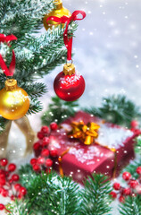 Christmas cards with snow and decor. Selective focus.