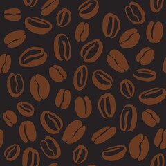 Coffee beans seamless pattern. Vector hand drawn illustration in brown color on dark background. Pattern for package, wallpaper, wrapping paper, menu or textile design.