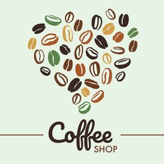 Coffee shop logotype and coffee beans of varying degrees of roast in the shape of a heart. Vector hand drawn illustration in brown colors for coffee shop package, wallpaper, wrapping paper, menu.