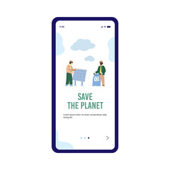 Onboarding screen with volunteers and call for planet saving, flat vector.