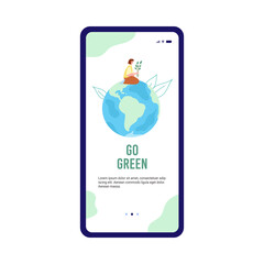 Go green concept of onboarding mobile phone screen, flat vector illustration.