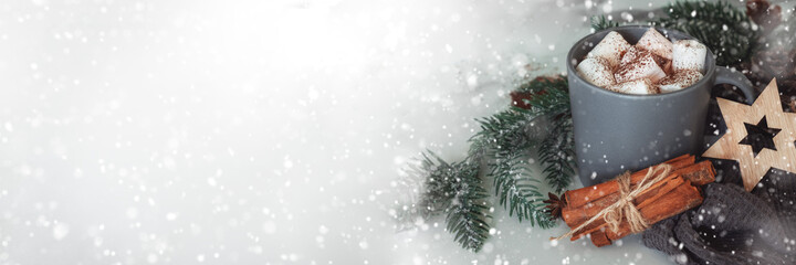 Christmas banner, grey cup with hot chocolate or cacao and marshmallow, cinnamon sticks, wooden star on a light background. Space for text. 