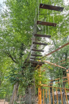 Armenia, Lake Parz, September 2021. Rope ladders in the children`s park.