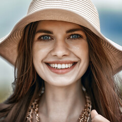a woman in a hat smiles and looks at the camera portrait