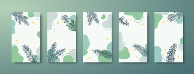 Christmas, New Year Trendy Editable Stories Templates Set. Abstract Shapes and Pine Spruce Branches for Social Networks Backgrounds. Social Media Holiday Greeting Cards or Banners Collection