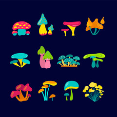 Naklejka premium A set of fabulous mushrooms. Bright, fantastic mushrooms for application or clip art. Cartoon ingredients for a witch or alien.