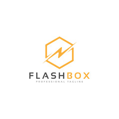 modern hexagon box cube tech technology logo with flash, thunder, bolt