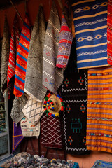 Morrocan local market on the streets with spices, nuts, fish, fruits and vegetables.