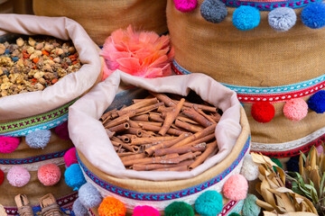 Morrocan local market on the streets with spices, nuts, fish, fruits and vegetables.