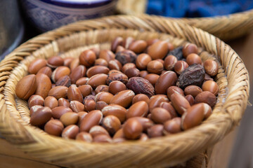 Morrocan local market on the streets with spices, nuts, fish, fruits and vegetables.