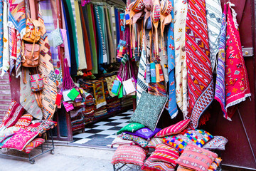 Morrocan local market on the streets with spices, nuts, fish, fruits and vegetables.