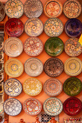 Morrocan local market on the streets with spices, nuts, fish, fruits and vegetables.