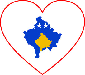Map of Kosovo with national flag inside white heart shape with red stroke