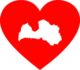 White map of Latvia inside red heart shape
