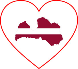Map of Latvia with national flag inside white heart shape with red stroke