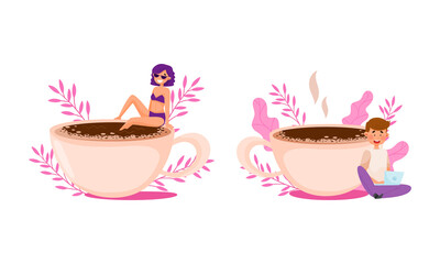 Beautiful girl in swimsuit sitting on edge of coffee cup. Tiny man sitting against huge cup cartoon. Coffee lovers concept vector illustration