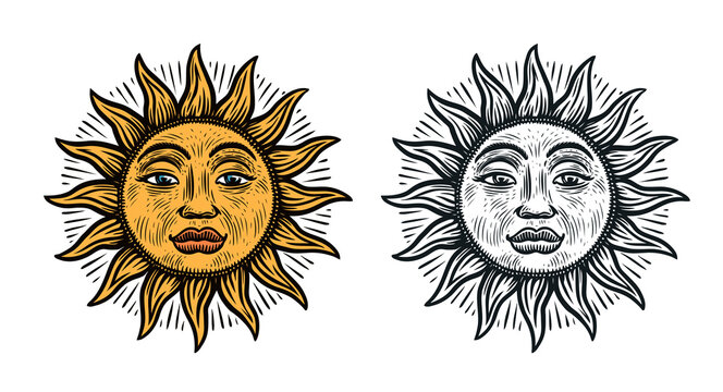 Sun with face. Hand drawn sketch vintage vector illustration