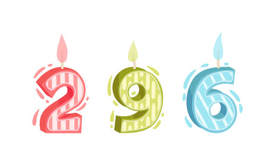 Two, nine, six birthday candles set. Anniversary party candle cartoon vector illustration
